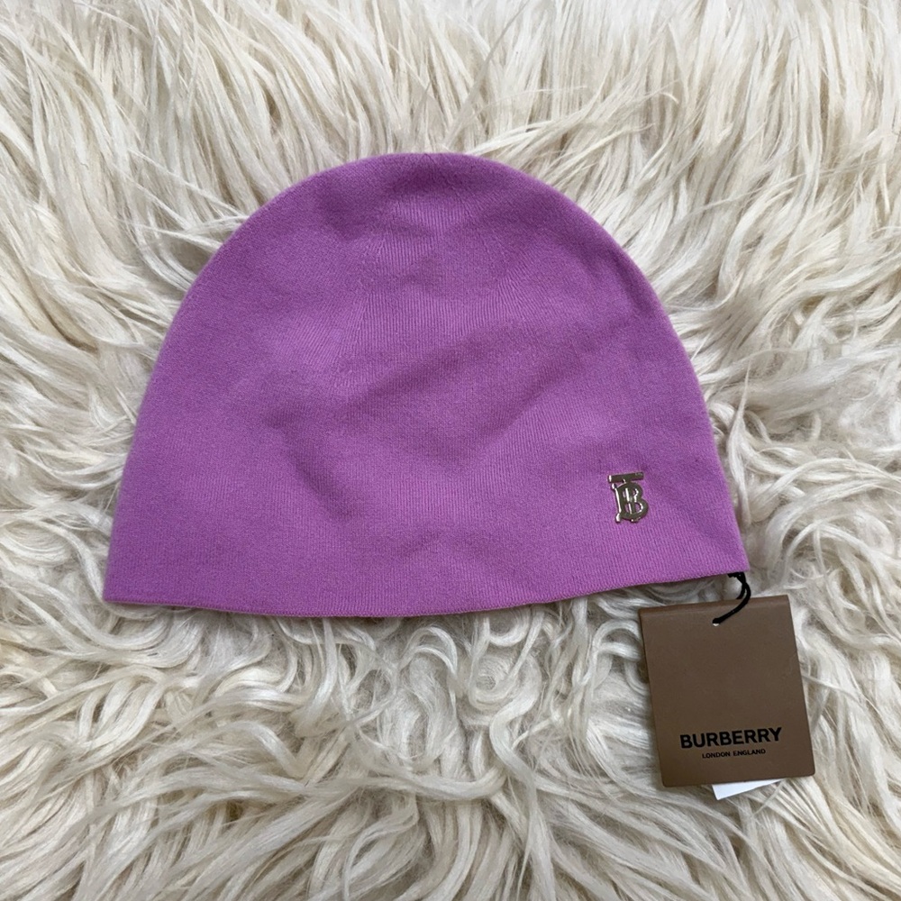 Burberry Purple Tan Reversible Cashmere Wool Blend Beanie Hat